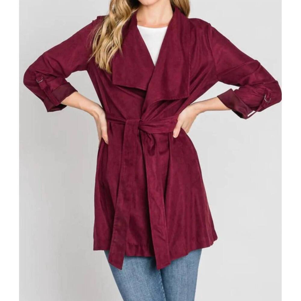NEW BE COOL chic faux suede waterfall trench jacket in burgundy